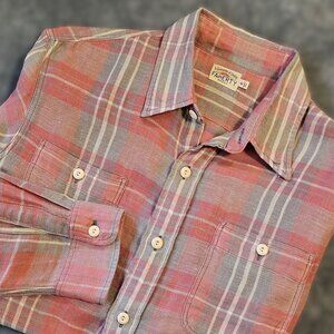 Faherty Men's Medium Red Gray Plaid Flannel Shirt Linen Cotton Long Sleeve Light